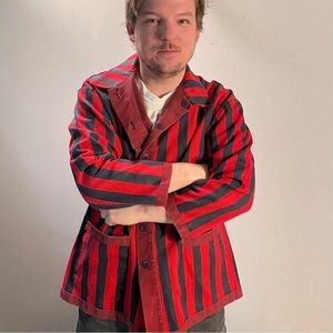 MCX Designs thick denim vertical striped jacket, reversible buttons.